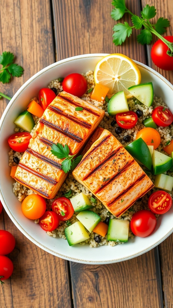 Quinoa salad with grilled salmon, cherry tomatoes, cucumbers, and bell peppers in a bowl on a wooden table.